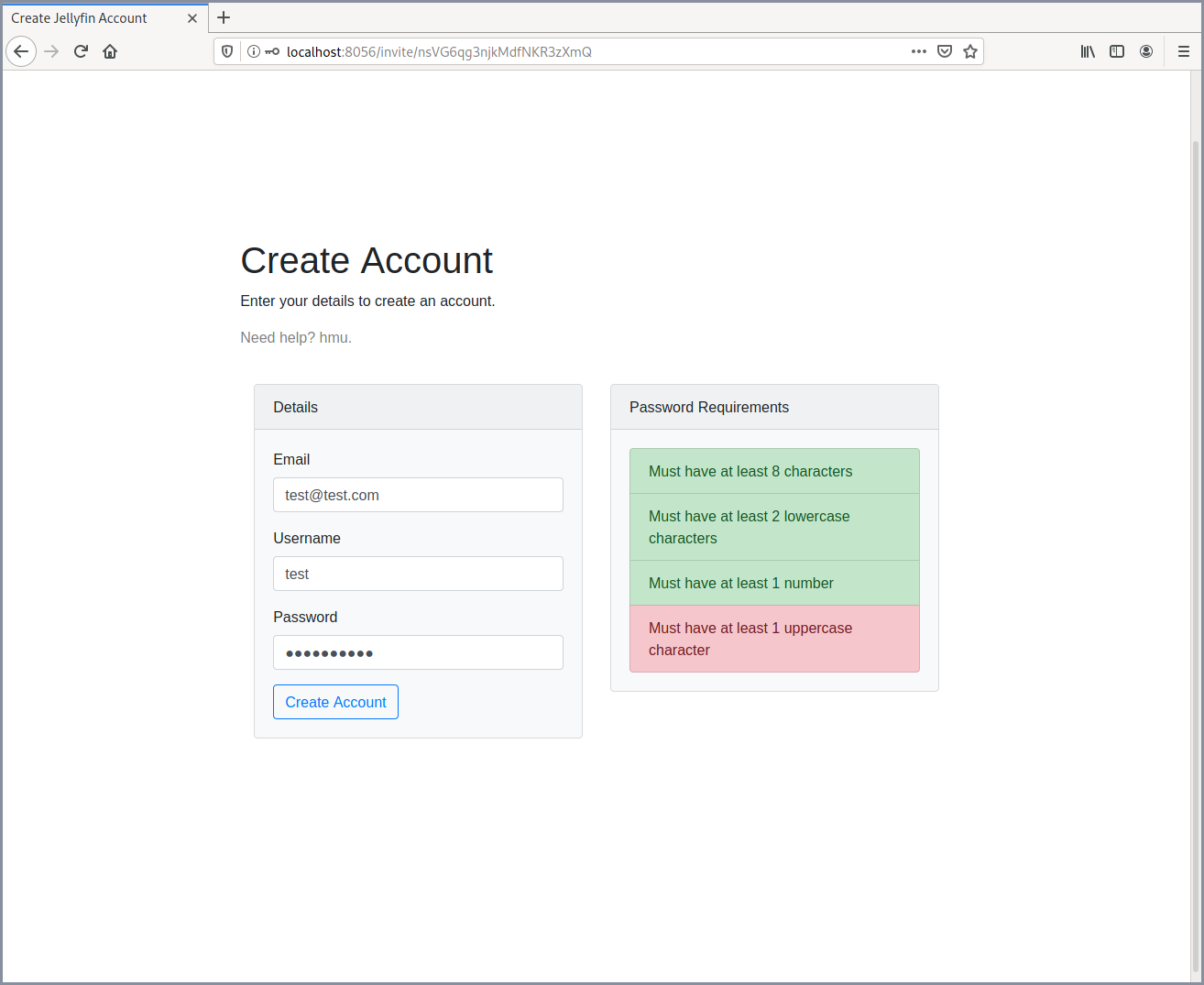 Account creation page