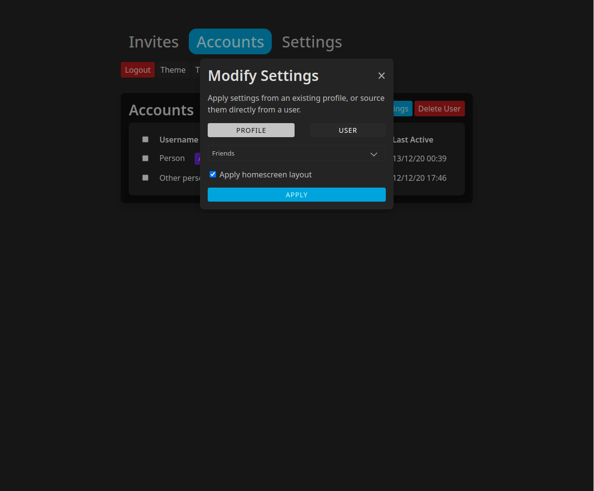 modify user settings modal