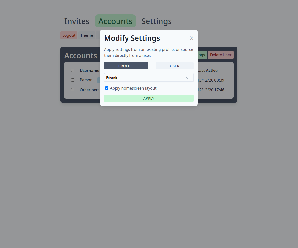 modify user settings modal