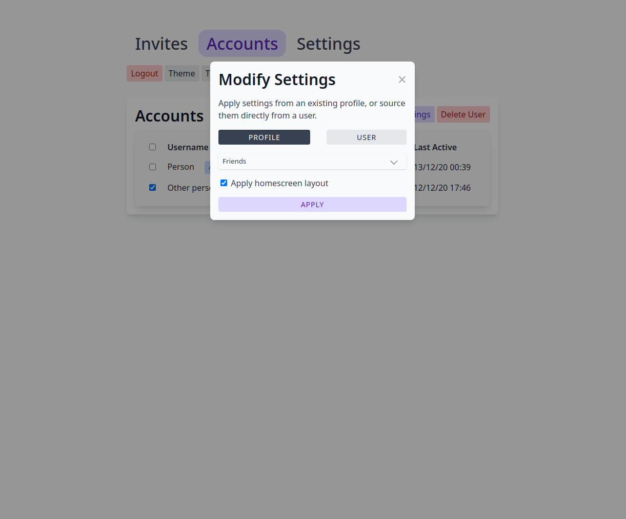 modify user settings modal