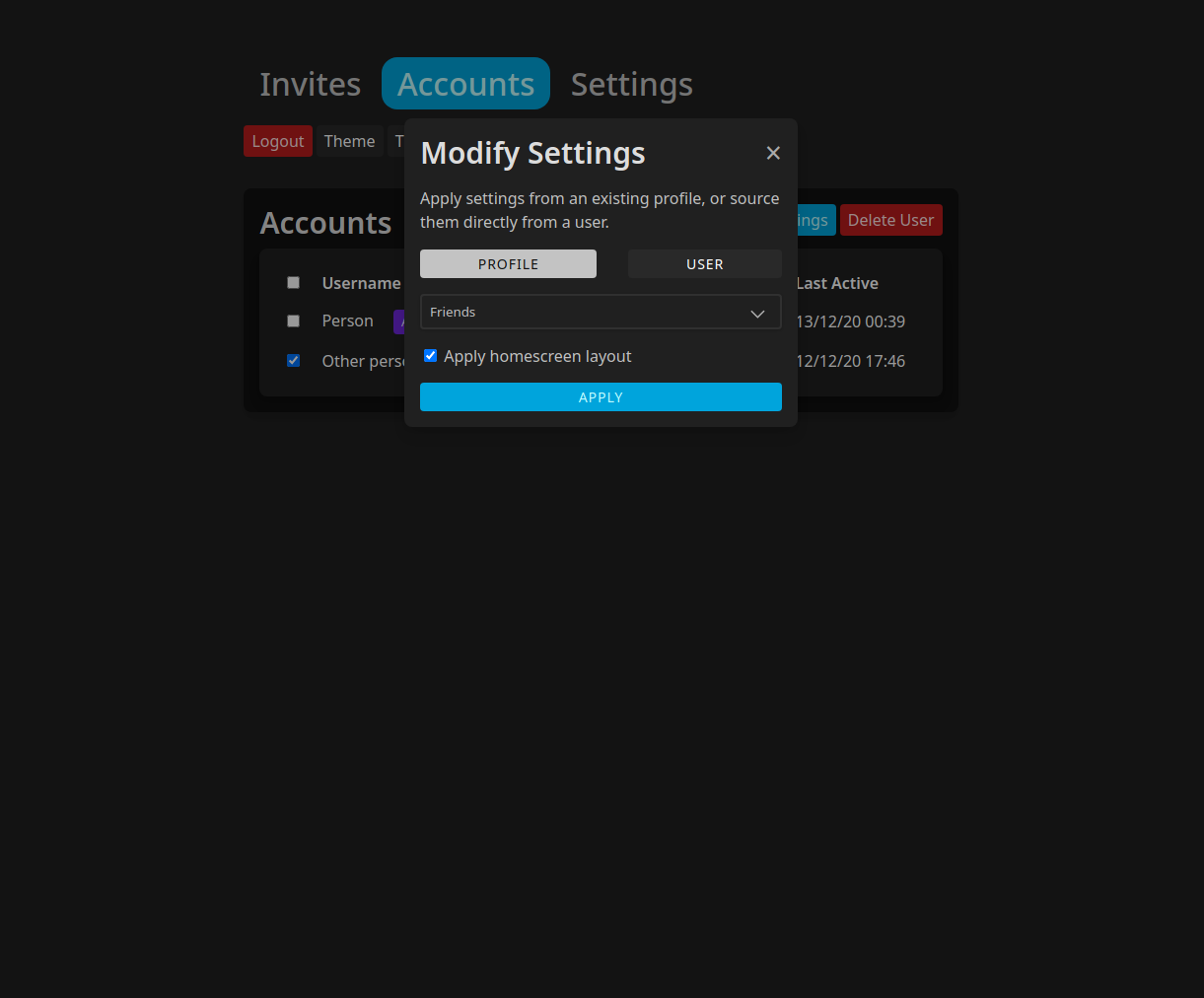 modify user settings modal